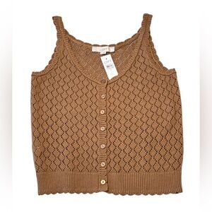 LOFT Brown Crochet Knit Button Front Tank Top M Sleeveless Boho NWT